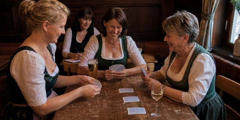 Drei bayerische Kartenspiele nebeneinander auf einem Holztisch – Schafkopfkarten, Wattenkarten und Skatkarten mit bayerischem Blatt