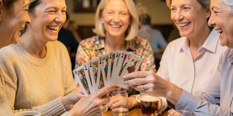 Drei Frauen an einem Tisch beim Kartenspielen, Fokus auf die Hände mit Spielkarten, gemütliche Atmosphäre
