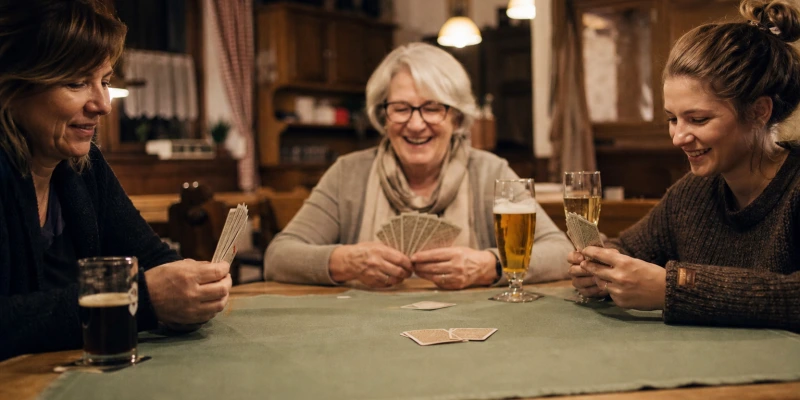 Drei Frauen sitzen an einem Tisch mit Skatkarten in der Hand, entspannte Atmosphäre, Nahaufnahme der Hände und Karten