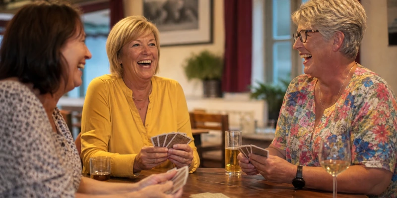 Drei Frauen sitzen an einem Tisch und spielen Skat, entspannte Atmosphäre, Kartenspiel auf dem Tisch, lachend