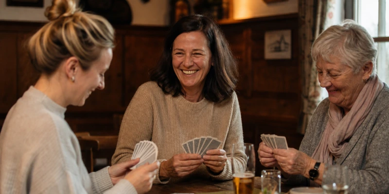 Frauen sitzen an einem Tisch mit Skatblatt in der Hand, entspannte Atmosphäre, lachen