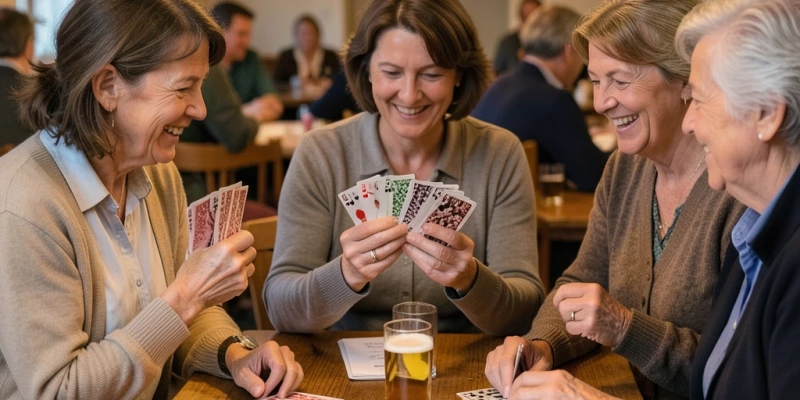 Frauen sitzen an einem Tisch und spielen Skat bei einem Turnier, Kartenblätter in der Hand, konzentrierte Stimmung