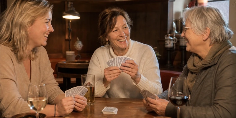 Frauen sitzen entspannt an einem Tisch und spielen Karten, freundliche Atmosphäre