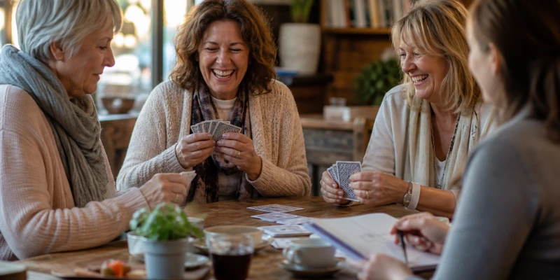 Frauen sitzen gemeinsam an einem Tisch und spielen Karten, entspannte Atmosphäre, Innenraum