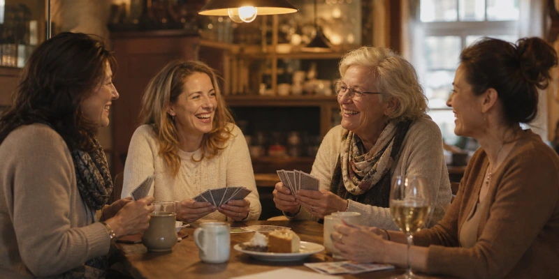 Gemütliche Runde mit Frauen, die am Tisch Karten halten, Spielpause mit Gespräch, entspannte Stimmung
