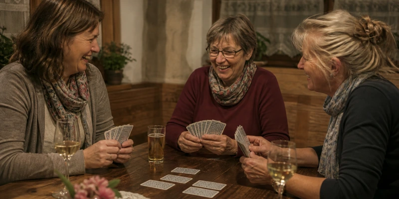 Gemütliche Runde von Frauen an einem Tisch beim Kartenspielen, warme Beleuchtung, Spielkarten auf dem Tisch