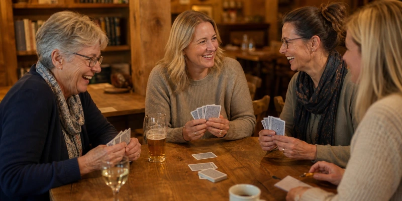 Gruppe von Frauen sitzt gemeinsam an einem Tisch und spielt Karten, entspannte Atmosphäre, warmes Licht