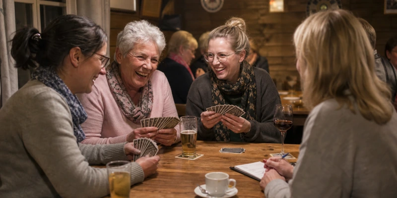 Gruppe von Frauen sitzt gesellig zusammen an einem Tisch mit Skatblatt, lacht und unterhält sich – Vereinsatmosphäre