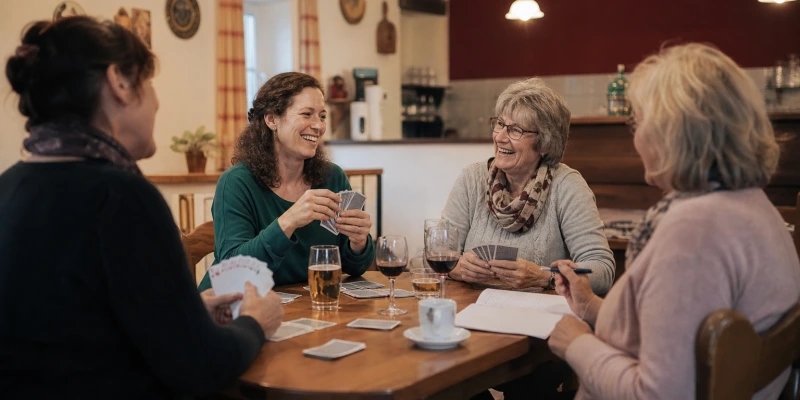 Gruppe von Frauen verschiedener Altersgruppen beim geselligen Beisammensein nach dem Kartenspielen