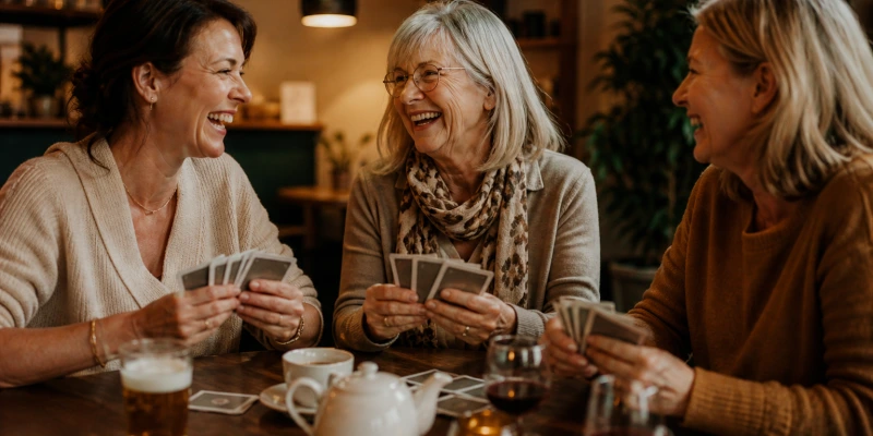 Kleine Gruppe Frauen in entspannter Runde, lachend, Kartenspielsituation an einem Tisch