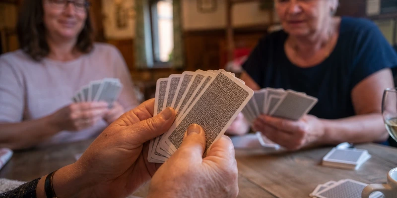 Nahaufnahme von Händen, die Skatkarten halten, im Hintergrund unscharf andere Spielerinnen an einem gemütlichen Tisch