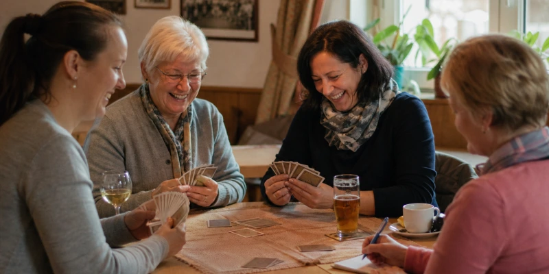Nahaufnahme von Skatkarten auf einem Tisch, Hand einer Frau hält Karten