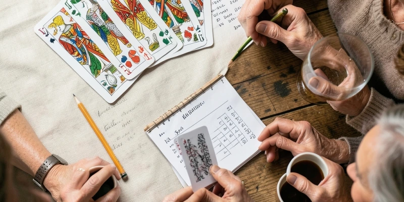 Skatblatt mit aufgefächerten Karten liegt auf einem Tisch, daneben ein Turnierzettel oder Rangliste, neutraler Hintergrund