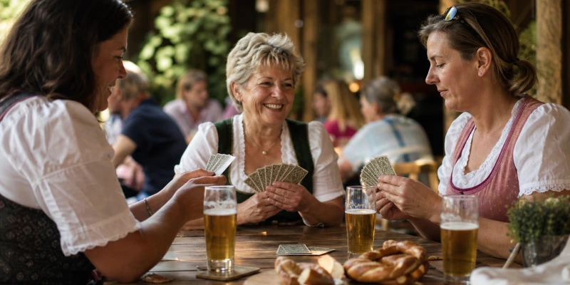 Vier Frauen beim geselligen Kartenspielen mit bayerischem Blatt, Biergläser auf dem Tisch, entspannte Atmosphäre