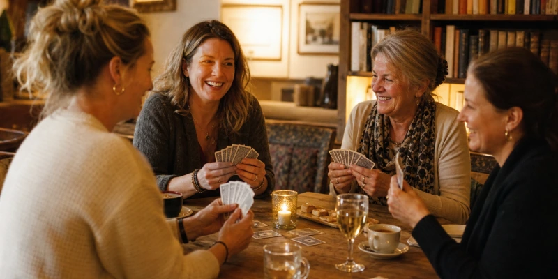 Vier Frauen sitzen um einen Tisch und spielen Karten, entspannte Atmosphäre, Fokus auf die Spielkarten in der Hand