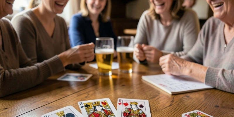 Vier Spielkarten (Damen-Karten verschiedener Farben) auf einem Holztisch, daneben ein Skatblatt